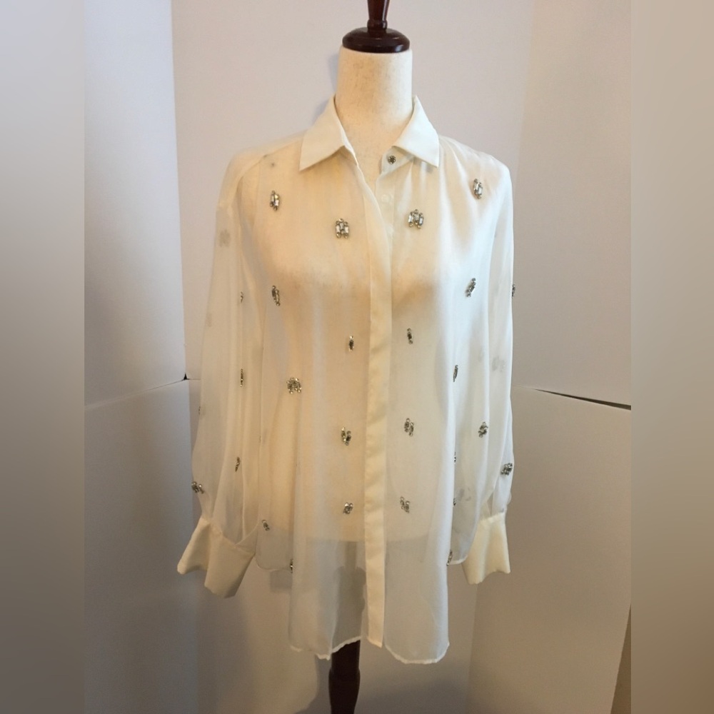 Antonio Melani Sheer Embellished Cream Button-Down Blouse